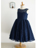 Navy Blue Lace Deep V Back Knee Length Flower Girl Dress Navy Blue Lace Deep V Back Knee Length Flower Girl Dress